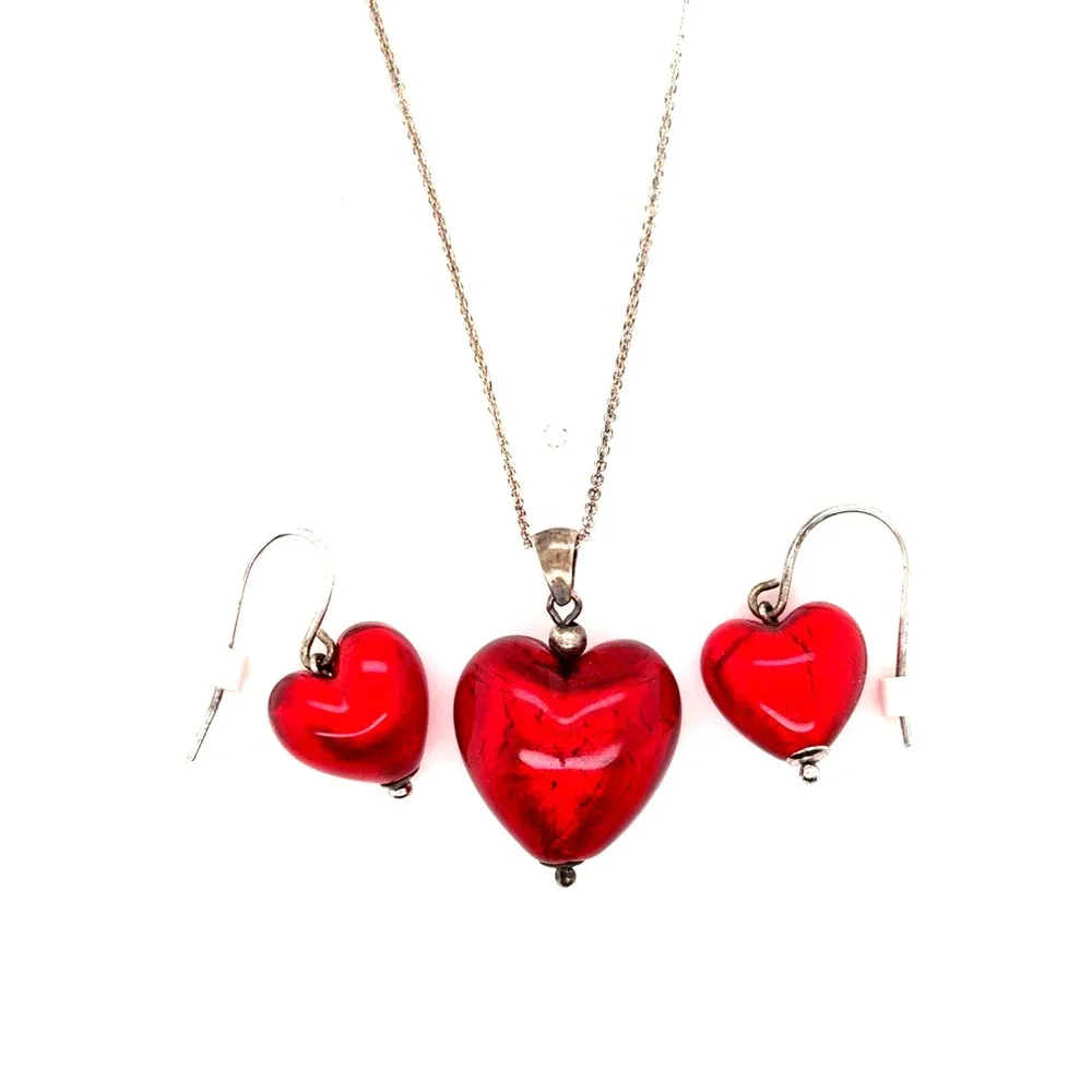 Red Glass Heart Jewelry Set Sterling Silver 18